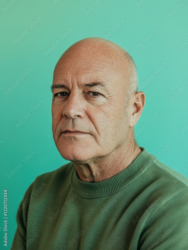 Minimalist portrait of an older man with a serene expression against a turquoise background in a calm indoor setting Minimalist portrait of an older man with a serene expression against a turquoise background in a calm indoor setting