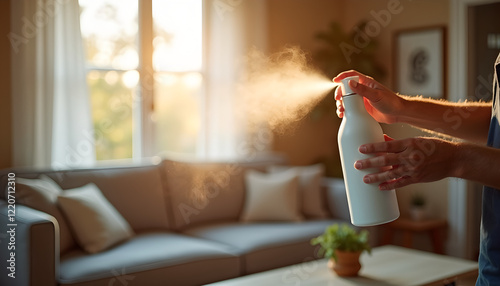 Man spraying air freshener in a sunlit living room