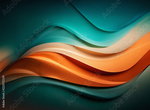 Abstract image with grainy texture.  Fluid, wavy lines in teal, orange, and cream blend seamlessly, creating a dynamic, colorful composition.