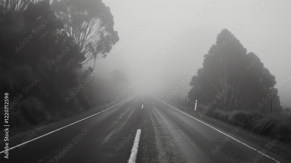 Foggy road with a single white line down the middle. Trees on either side of the road are barely visible in the fog. The road is wet from the rain. Foggy road with a single white line down the middle. Trees on either side of the road are barely visible in the fog. The road is wet from the rain.