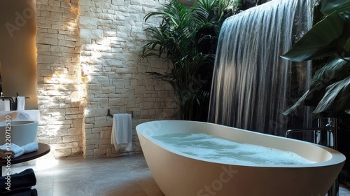 Luxurious bathroom featuring a freestanding tub with a waterfall and tropical plants in a serene setting