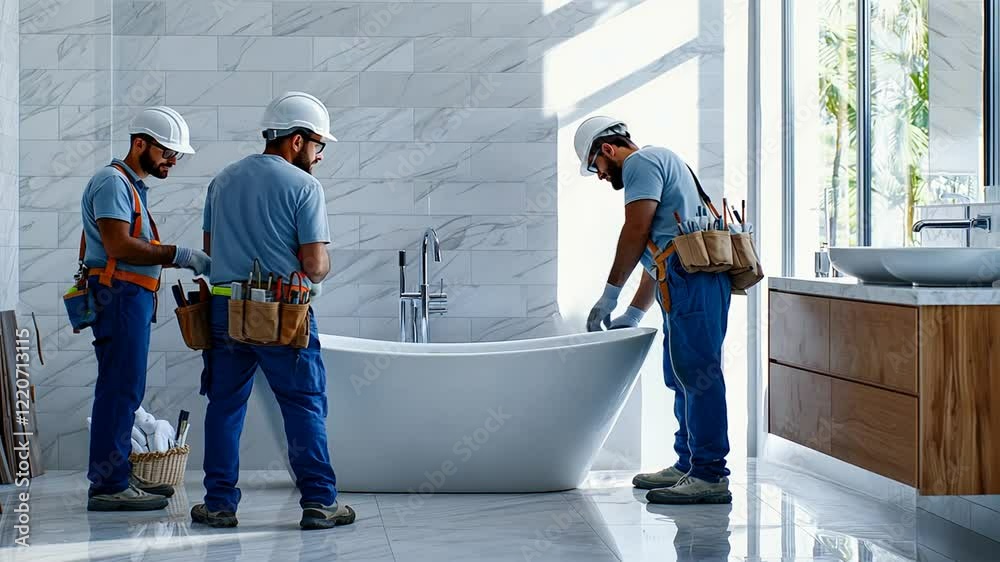 Installation of Modern Bathtub by Construction Team in Elegant Bathroom Installation of Modern Bathtub by Construction Team in Elegant Bathroom