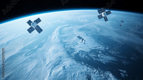 A stunning view of Earth from space, featuring multiple satellites orbiting the planet against a backdrop of clouds and blue atmosphere.