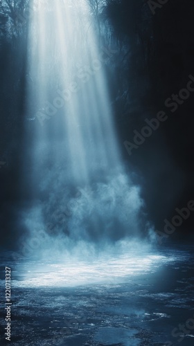 Dark icy space illuminated by frosty blue light highlighting a misty surface