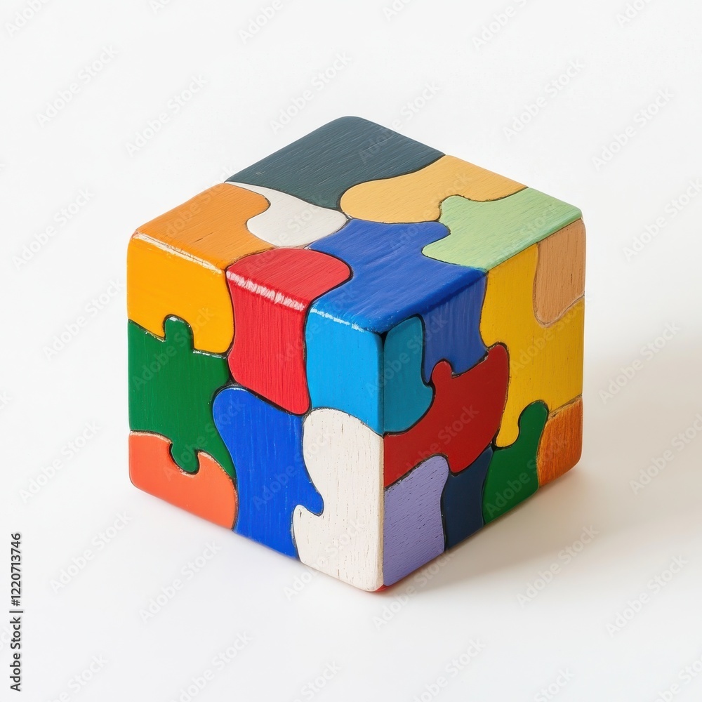 Fototapeta premium Colorful puzzle cube displaying solved sides, designed for play and problem-solving activities at home or office