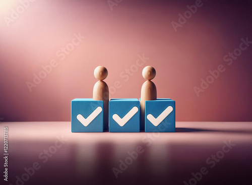 Two wooden figures stand on blue cubes, each marked with a checkmark. The grainy texture of the image gives it a vintage feel, suggesting completion or teamwork. photo