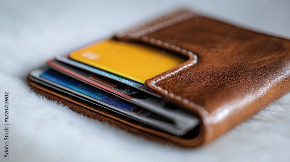 Close-up of a leather wallet with cards partially visible on a soft, textured surface Close-up of a leather wallet with cards partially visible on a soft, textured surface