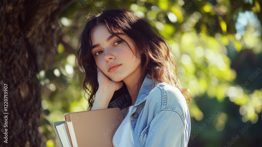 Candid moment of a thoughtful young woman holding books among green trees on a sunny day Candid moment of a thoughtful young woman holding books among green trees on a sunny day