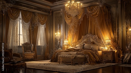 Wallpaper Mural A luxurious bedroom with a canopy bed, silk drapes, and a chandelier above Torontodigital.ca