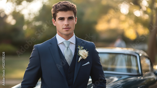 A stylish portrait of a groom standing confidently in his wedding suit with a detailed focus on his boutonniere and tie 
