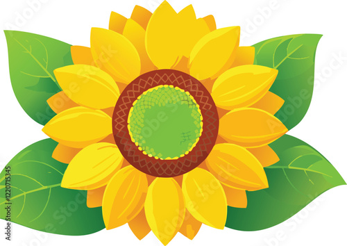 stylized vector illustration of a blooming sunflower with detailed petals and a textured center, in a vibrant yellow and green color palette