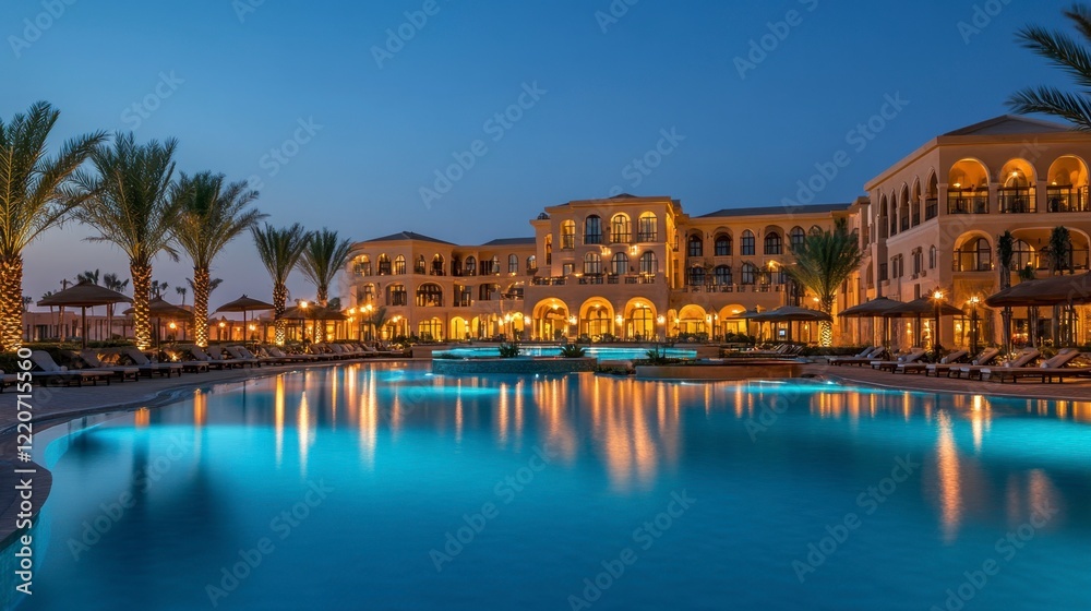 A luxurious hotel pool at night, illuminated with soft lights and surrounded by palm trees A luxurious hotel pool at night, illuminated with soft lights and surrounded by palm trees