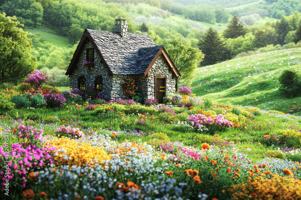 Fototapeta premium Charming stone cottage nestled in a blooming garden surrounded by rolling green hills under natural lighting