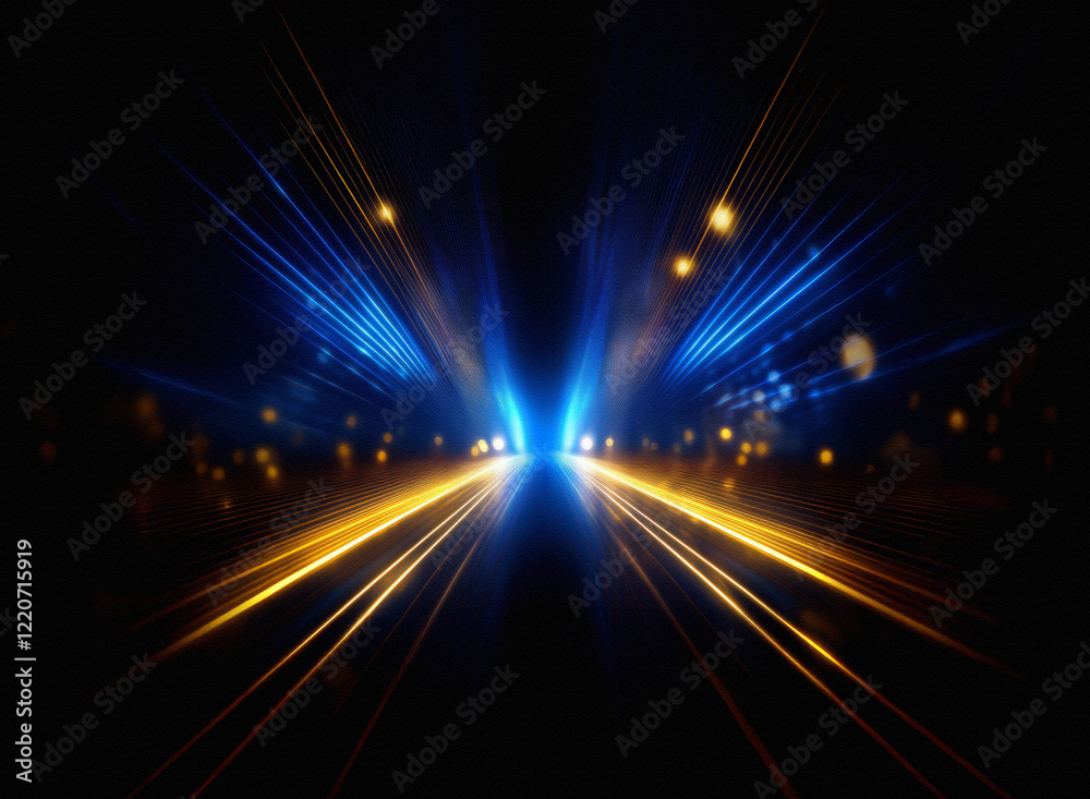 Obraz premium Grainy texture of speeding lights at night, streaks of blue and gold illuminate a dark, urban roadway. The perspective is from within the vehicle, creating a sense of dynamic movement.