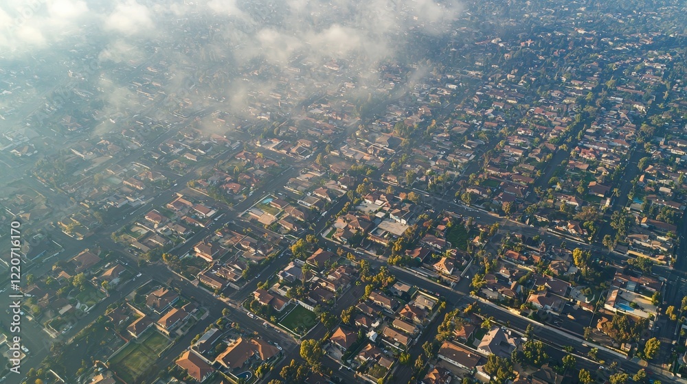 Naklejka premium Aerial drone footage urban pollution levels across neighborhoods - environmental insights