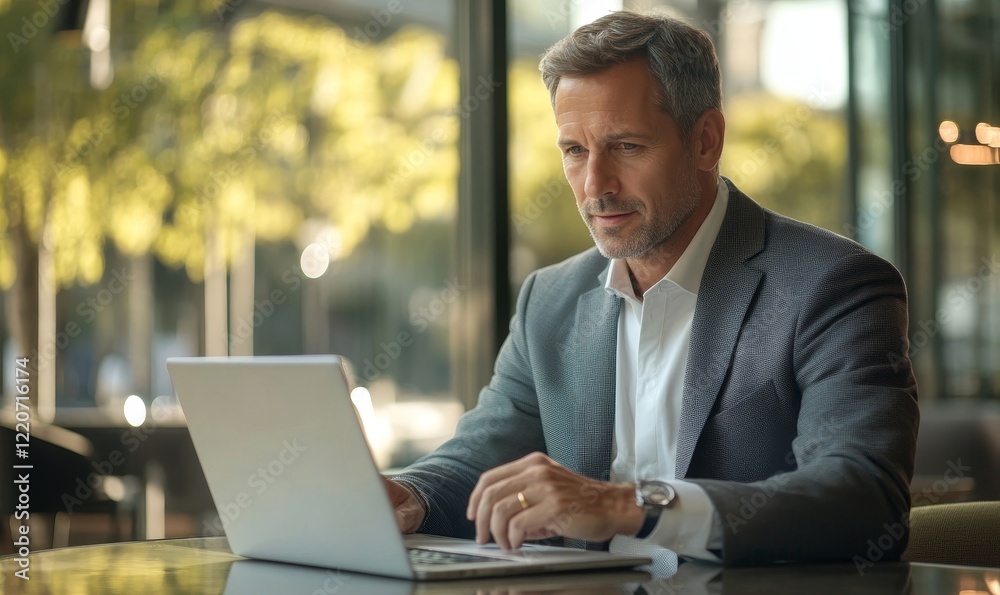 Businessman Interacting with a Product Lifecycle Management (PLM) System Interface on a Laptop for Efficient Workflow, Generative AI Businessman Interacting with a Product Lifecycle Management (PLM) System Interface on a Laptop for Efficient Workflow, Generative AI