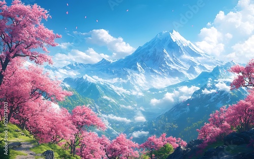 Spring Blossom Sunrise Mountain Landscape