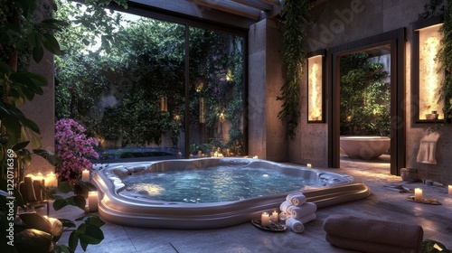 A luxurious spa retreat with hot tubs, candles, and serene decor