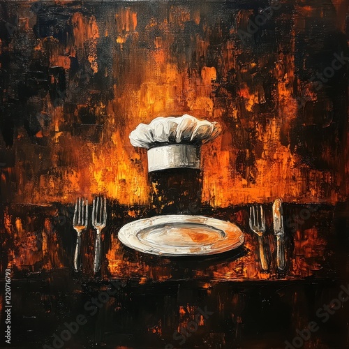 Chef?s hat, plate, silverware on table before fiery backdrop. Food imagery photo