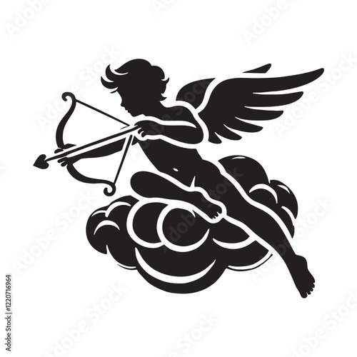 Cupid sitting on a cloud, symbolizing timeless love - Cupid silhouette - Cupid vector - Cupid illustration - valentine silhouette - love silhouette
