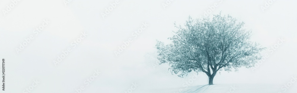 Obraz premium Minimalist pencil silhouette of a tree in a serene winter landscape evoking tranquility and simplicity