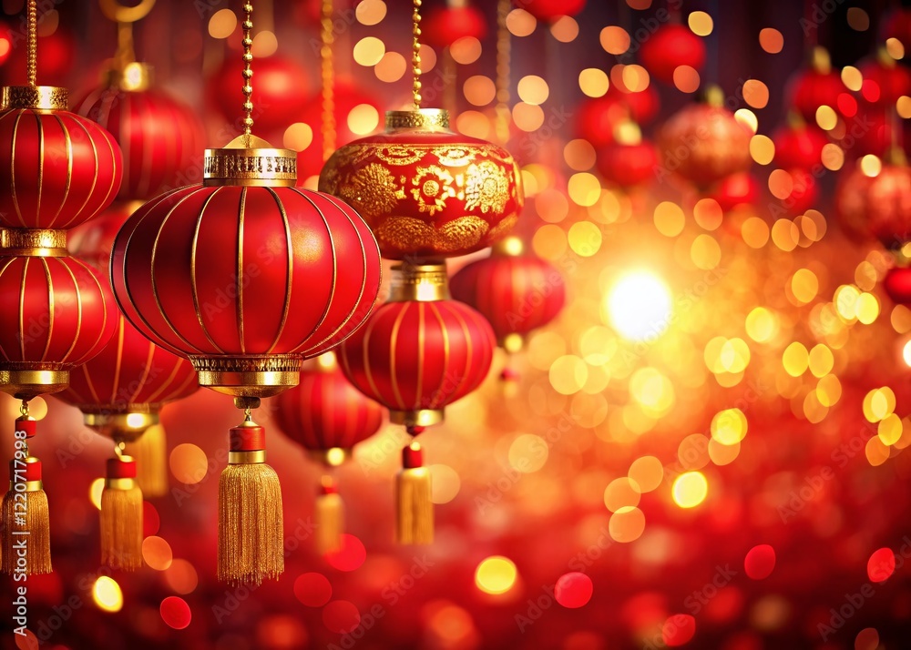 Festive Red Chinese New Year Background with Bokeh Lights - Stock Photo Festive Red Chinese New Year Background with Bokeh Lights - Stock Photo