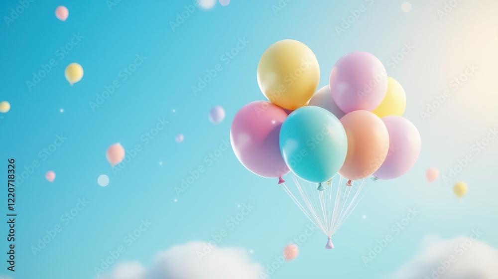 Colorful cluster of balloons floating against a bright blue sky, cheerful and playful atmosphere Colorful cluster of balloons floating against a bright blue sky, cheerful and playful atmosphere