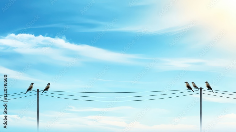 Birds perched on power lines, silhouetted against a bright blue sky with soft clouds. Birds perched on power lines, silhouetted against a bright blue sky with soft clouds.