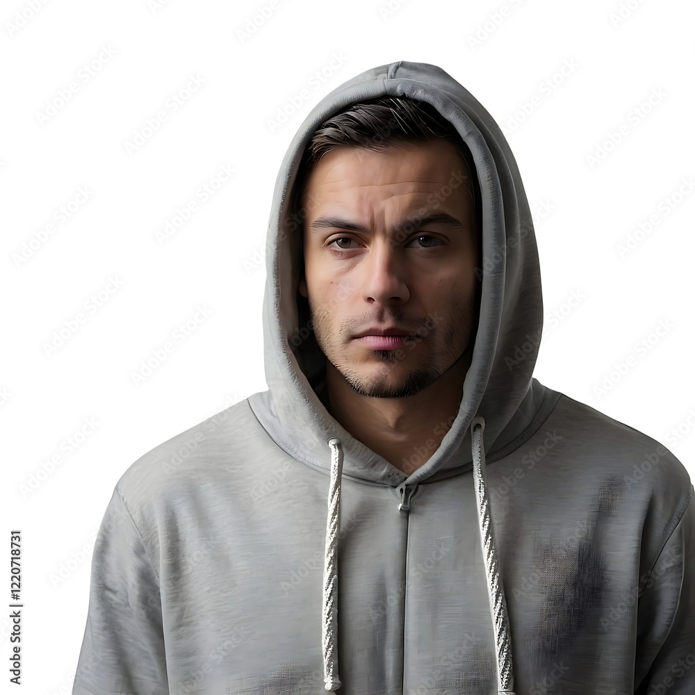 Pensive Man in a Gray Hoodie, Isolated on White Pensive Man in a Gray Hoodie, Isolated on White
