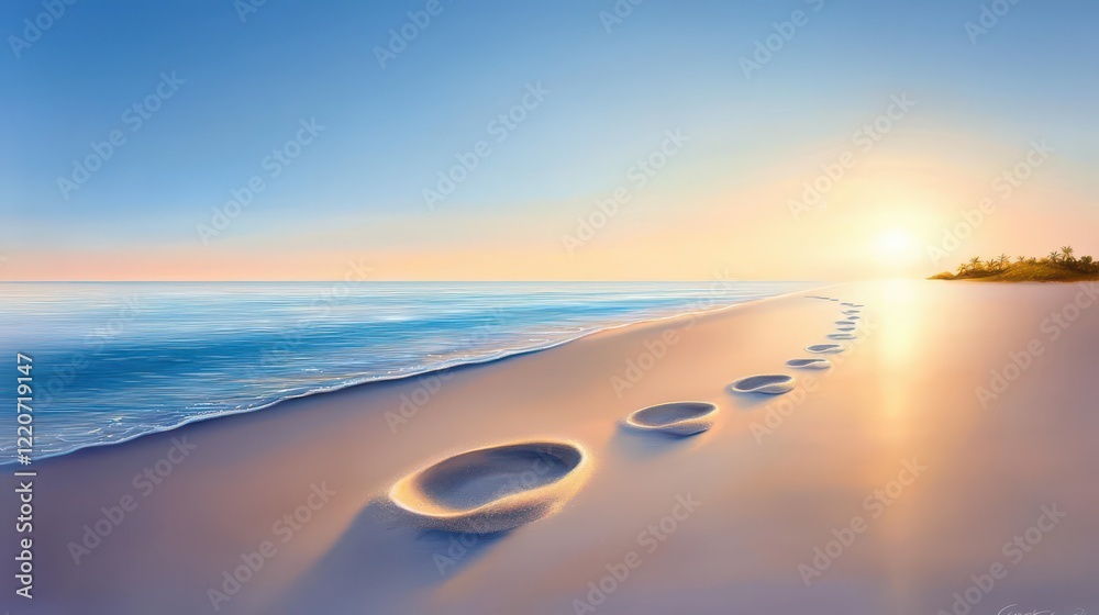 Footprints in wet sand leading toward a calm, sparkling sea, evoking summer tranquility. Footprints in wet sand leading toward a calm, sparkling sea, evoking summer tranquility.