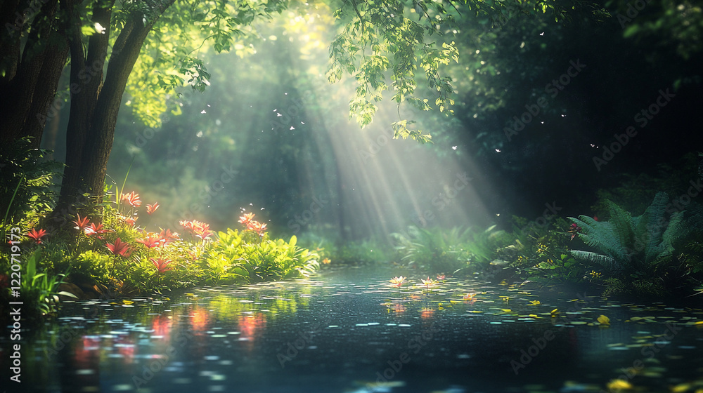Fototapeta premium Magical Forest Pond Sunlight Rays Peaceful Nature Scene Tranquil Serene Landscape Beautiful Calm 