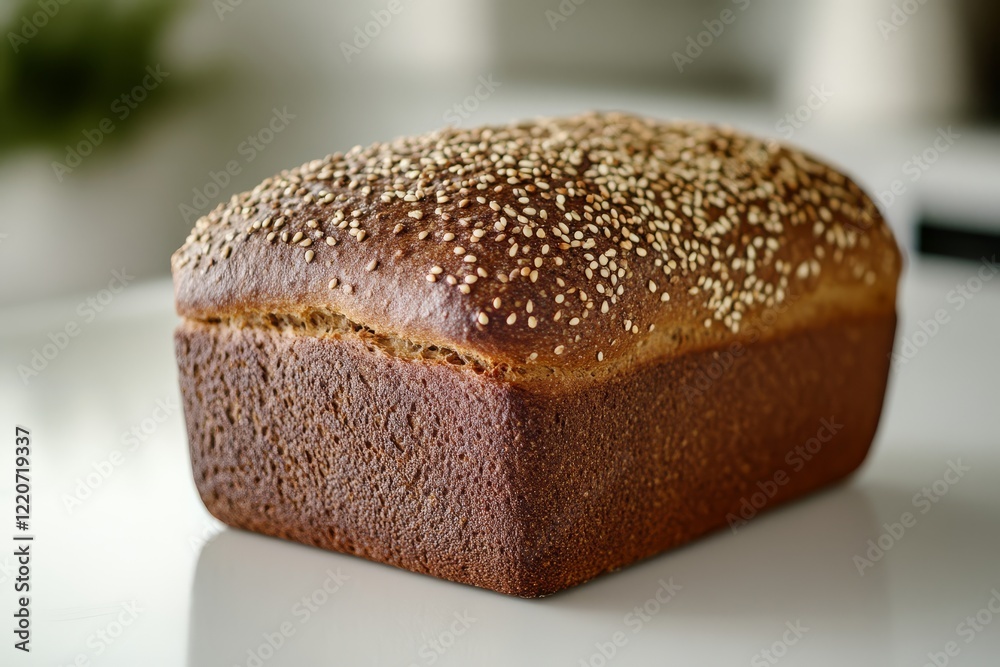 A freshly baked loaf of bread with a golden crust and sesame seed topping, displayed on a clean surface. A freshly baked loaf of bread with a golden crust and sesame seed topping, displayed on a clean surface.