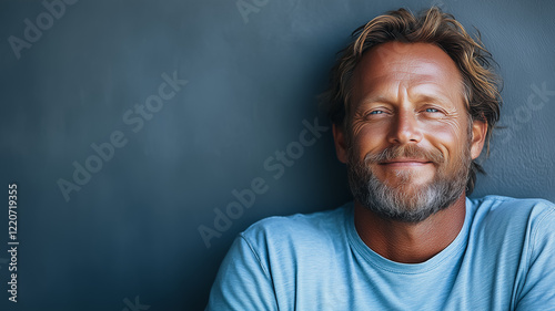 Smiling Man Portrait: A middle-aged man with a warm, genuine smile and sun-kissed skin, wearing a simple light blue t-shirt. photo