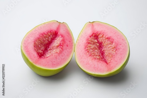 A vibrant pink-fleshed guava cut in half, showcasing its unique texture and color against a simple white background. photo