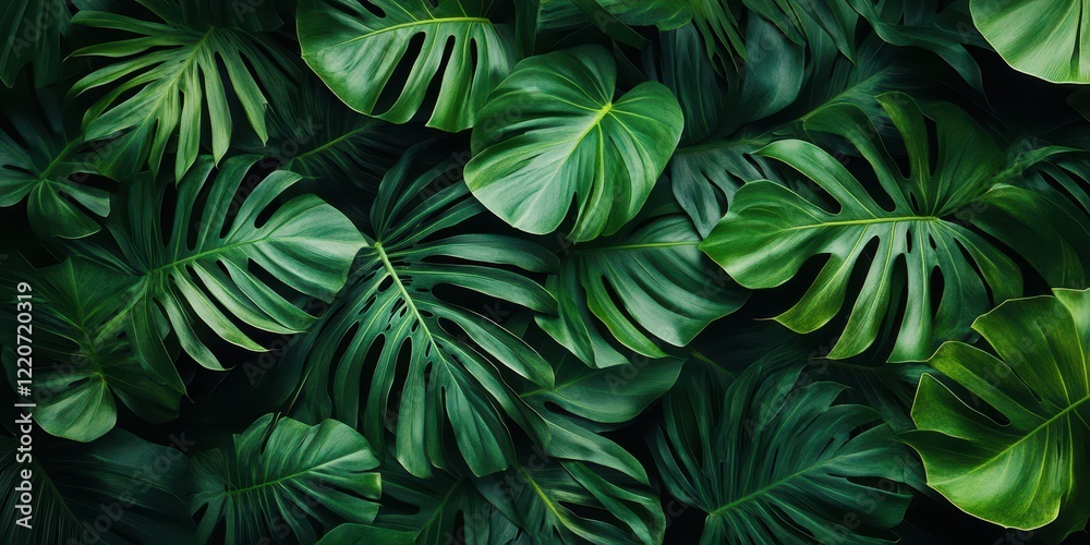 Fototapeta premium Green palm leaf texture background, a close-up photo of a green leaf pattern for a tropical wallpaper design. 