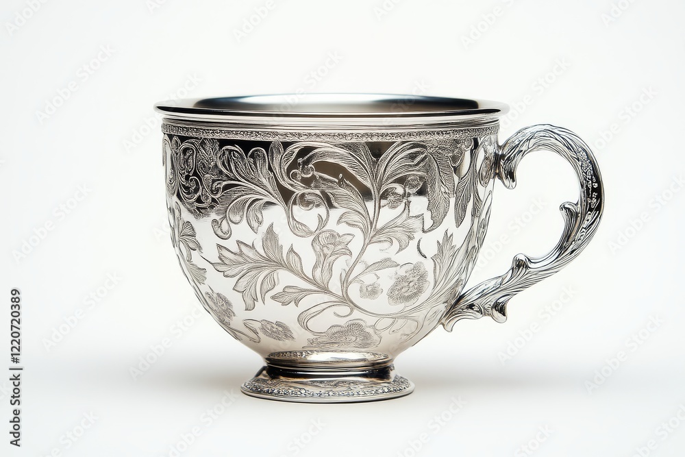 An intricately designed silver cup with floral patterns, showcasing detailed craftsmanship and elegant curves. An intricately designed silver cup with floral patterns, showcasing detailed craftsmanship and elegant curves.