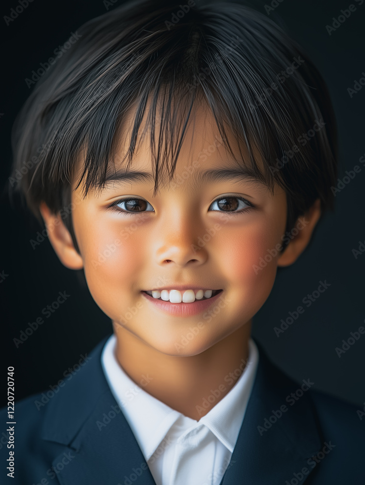 Young Boy's Bright Smile: A captivating portrait of a young boy with a radiant smile, his eyes sparkling with joy and innocence. The boy is dressed in a navy blazer and white shirt. Young Boy's Bright Smile: A captivating portrait of a young boy with a radiant smile, his eyes sparkling with joy and innocence. The boy is dressed in a navy blazer and white shirt.