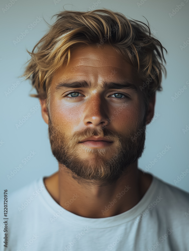 Sun-Kissed Man with Blonde Hair and Beard: A handsome man with sun-kissed skin, piercing blue eyes, and a neatly trimmed blonde beard. His windswept hair adds a touch of effortless cool to his look. Sun-Kissed Man with Blonde Hair and Beard: A handsome man with sun-kissed skin, piercing blue eyes, and a neatly trimmed blonde beard. His windswept hair adds a touch of effortless cool to his look.