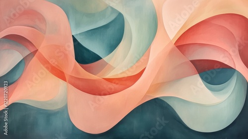 A lyrical abstract with smooth looping lines in harmonious shades of coral and teal