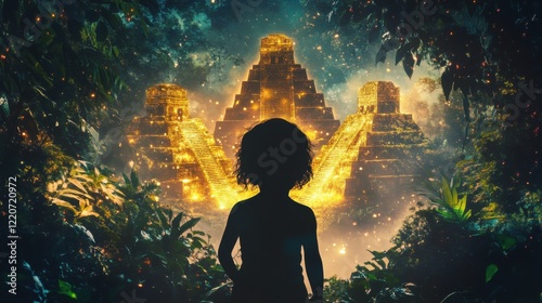 Fototapeta Naklejka Na Ścianę i Meble -  Child's silhouette in front of a mystical jungle temple illuminated by glowing lights during twilight