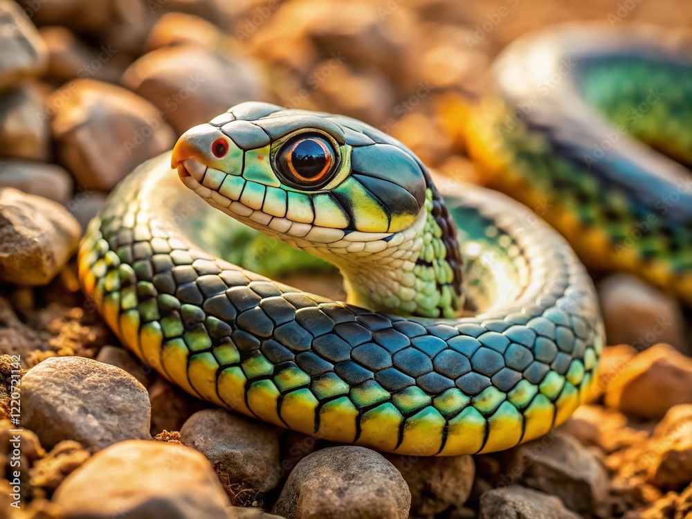 Fleeing Grass Snake: Close-up of a Terrified Reptile Slithering Across the Ground, Detailed Texture Fleeing Grass Snake: Close-up of a Terrified Reptile Slithering Across the Ground, Detailed Texture