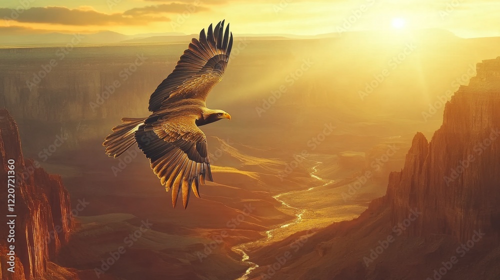 Naklejka premium A majestic eagle soaring over a canyon with a dramatic sunrise in the background