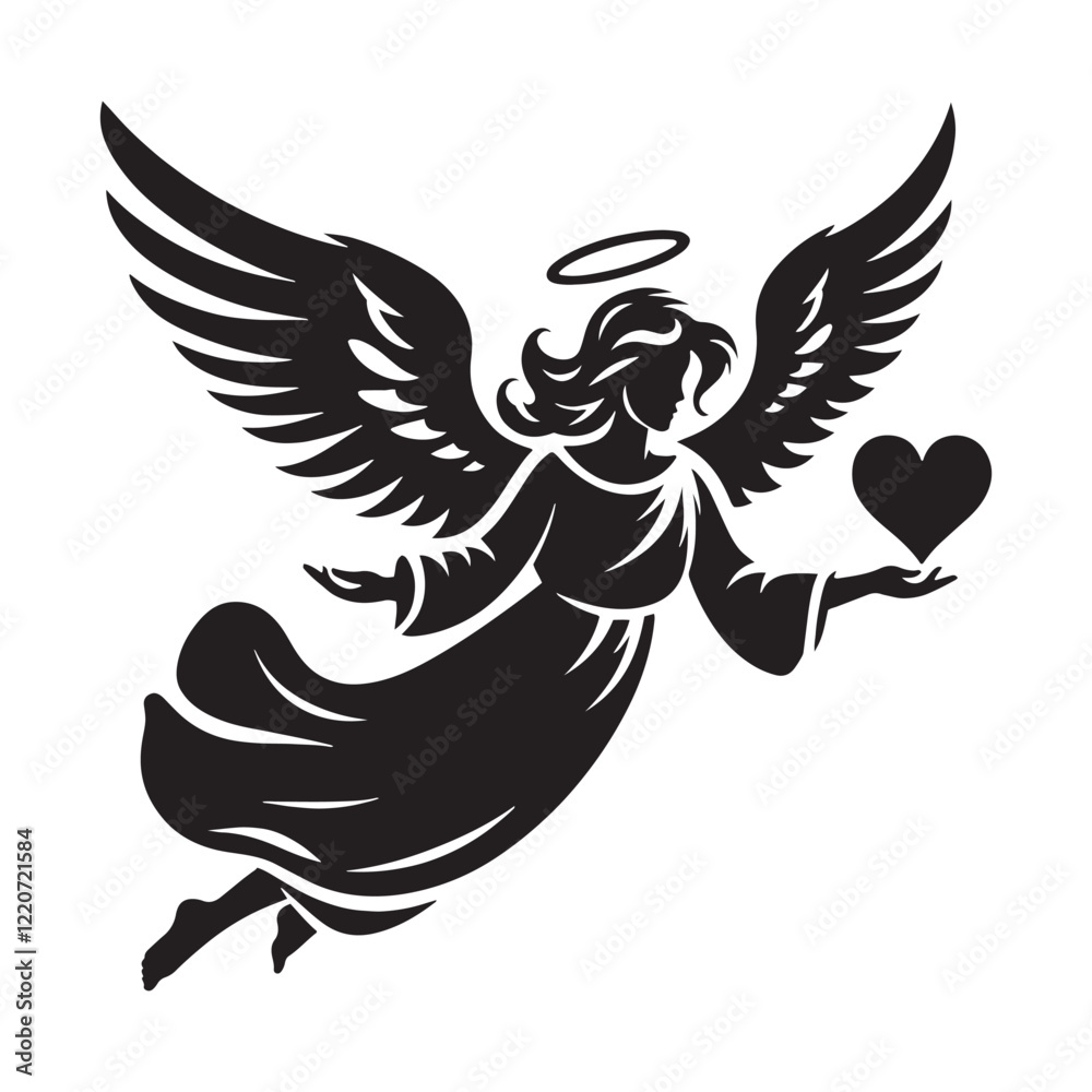 Obraz premium Graceful romantic flying angel creating love-filled moments - Angel silhouette - Angel vector - Angel illustration - valentine silhouette - love silhouette 