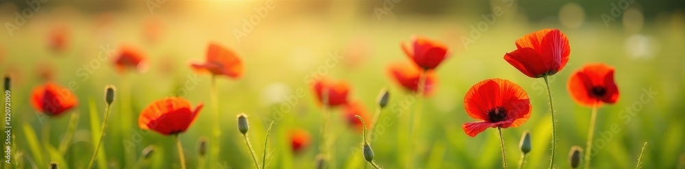 Close-up of red poppies amidst swaying meadow grasses , nature, field, wildflower Close-up of red poppies amidst swaying meadow grasses , nature, field, wildflower