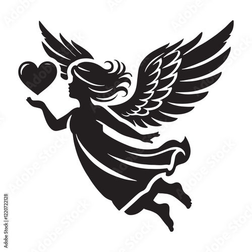 Angel flying romantically, symbolizing affection and passion - Angel silhouette - Angel vector - Angel illustration - valentine silhouette - love silhouette
