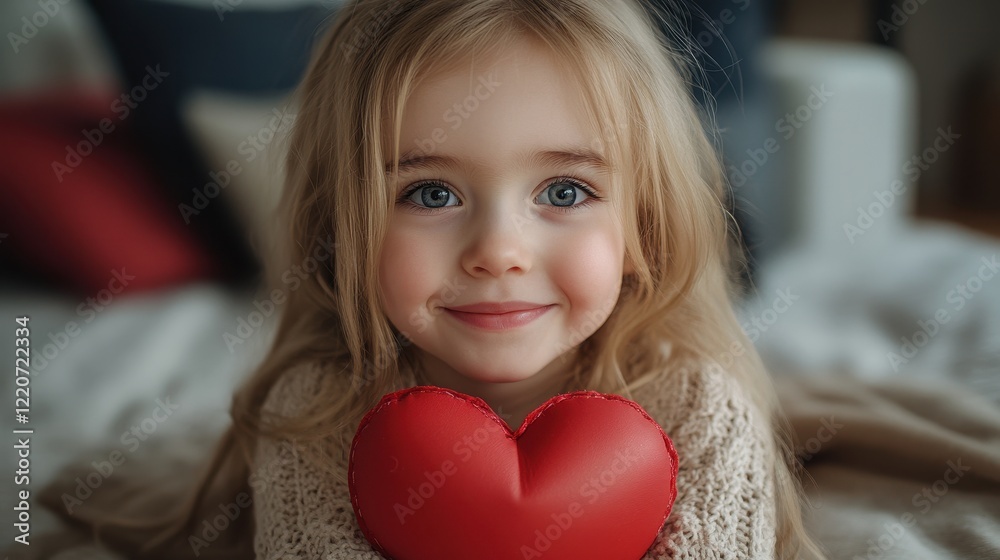 Smiling little girl holding red heart at home for a loving family moment Smiling little girl holding red heart at home for a loving family moment