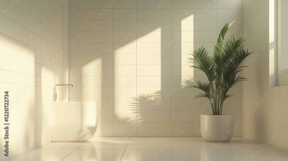 A minimalist bathroom with white tiles, sleek fixtures, and a potted plant A minimalist bathroom with white tiles, sleek fixtures, and a potted plant