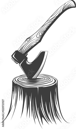 Woodcutters axe stuck in stump