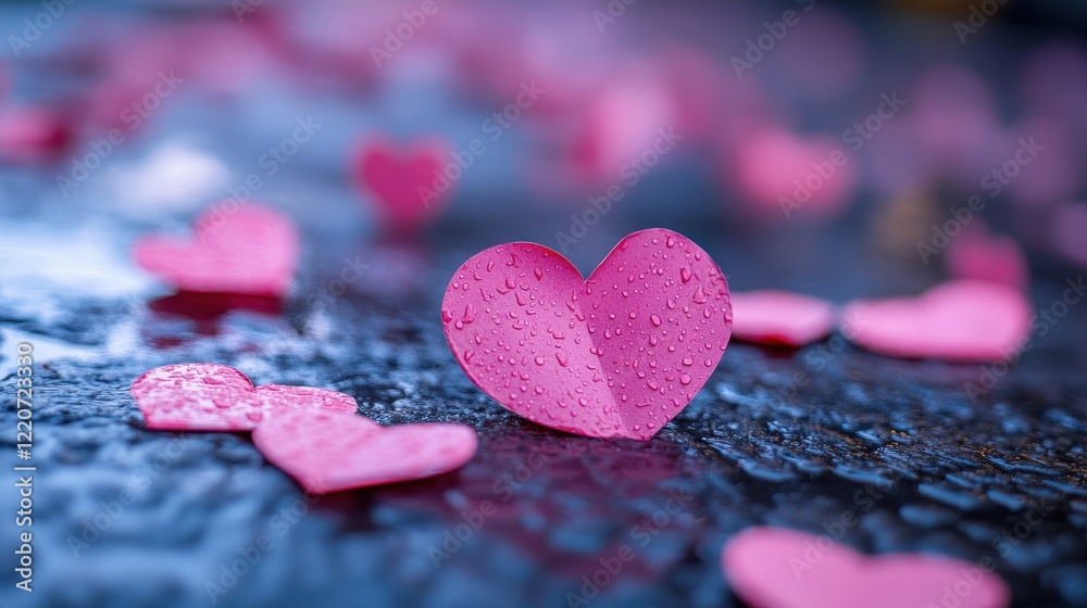 Obraz premium Romantic concept of pink paper hearts on wet ground for valentine's day design