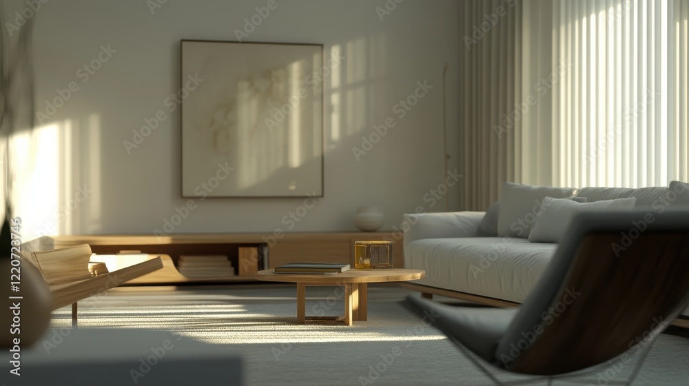 Fototapeta premium Minimalist interior design featuring clean white aesthetics and natural light in a cozy living space